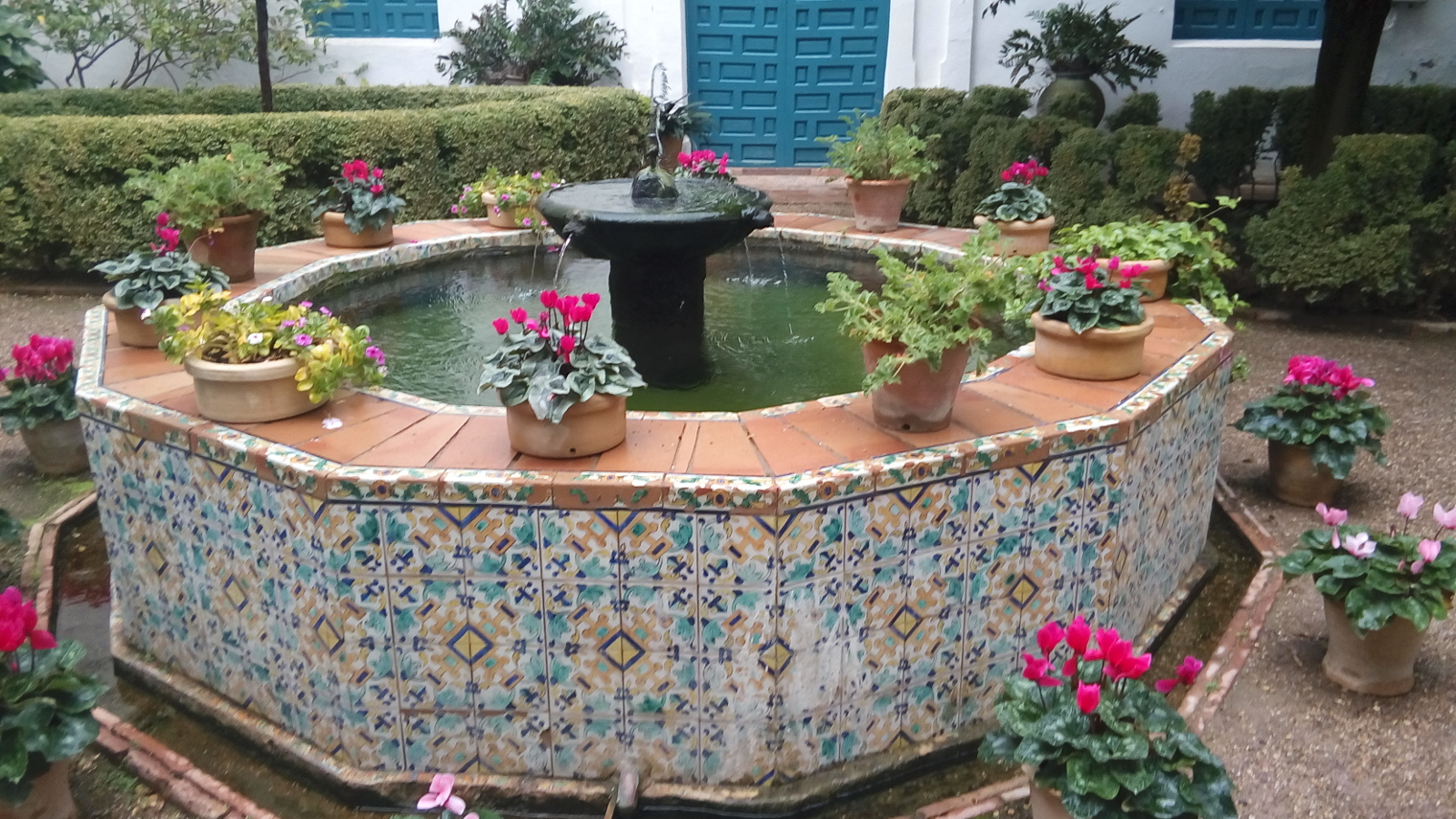 Fountain on patio.